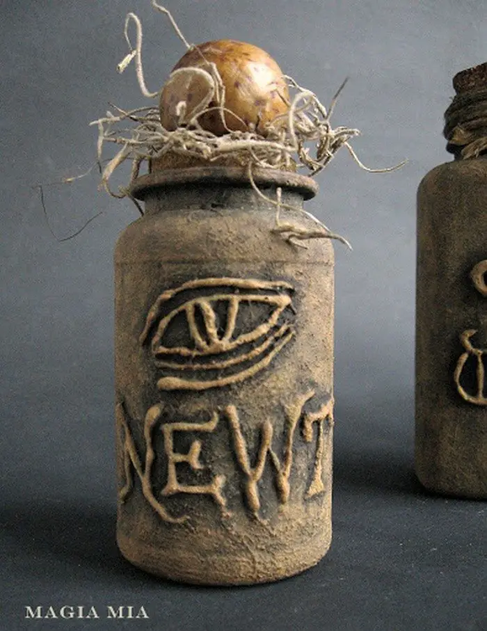 Witch’s potion bottles from tin cans and plastic medicine