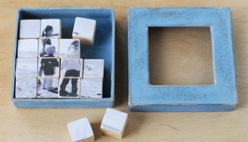 Recycle old toy blocks and make photo puzzles out of them.