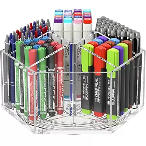 Acrylic Pen Pencil Holder 7 Compartments, Multi-capacity Marker Storage Art Supply Organizer, 360° Rotating Clear Pencil Cup