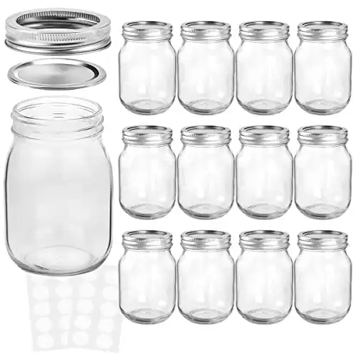 Mason Jars 16 OZ With Regular Lids and Bands, 12 PACK, 20 Whiteboard Labels Included