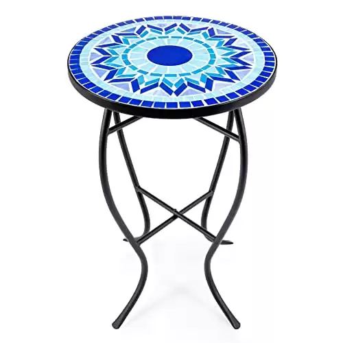 21" Mosaic Plant Stand, 14 Inch Round Side Table with Ceramic Tile Top
