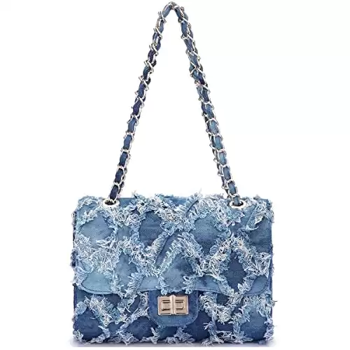 Denim Shoulder Bag with Intertwined Chain Straps