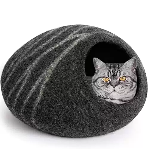 MEOWFIA Premium Felt Cat Bed Cave (Medium) - Handmade 100% Merino Wool Bed for Cats and Kittens (Dark Grey/Medium)