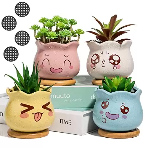 3.5inch Succulent Pots,Yangbaga Ceramic Succulent Planter with Bamboo Tray