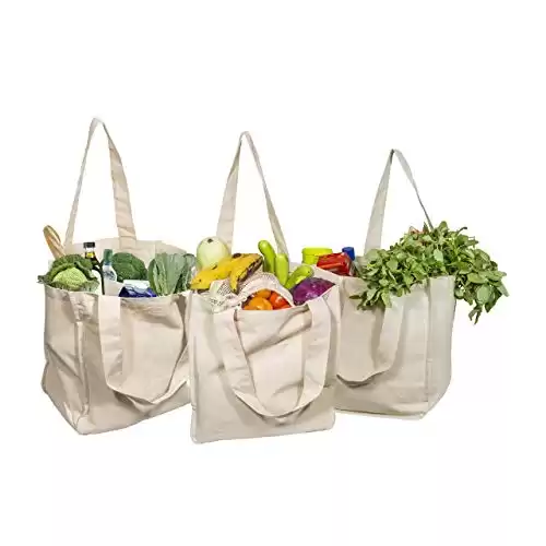 Reusable Canvas Grocery Shopping Bags with Handles / Organic Cotton Washable & Eco-friendly Bags (3 Bags)