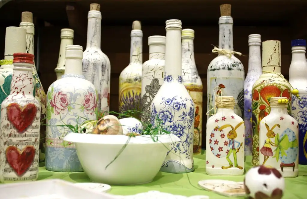 Colourful hand-painted bottles are a great way to brighten up your home.