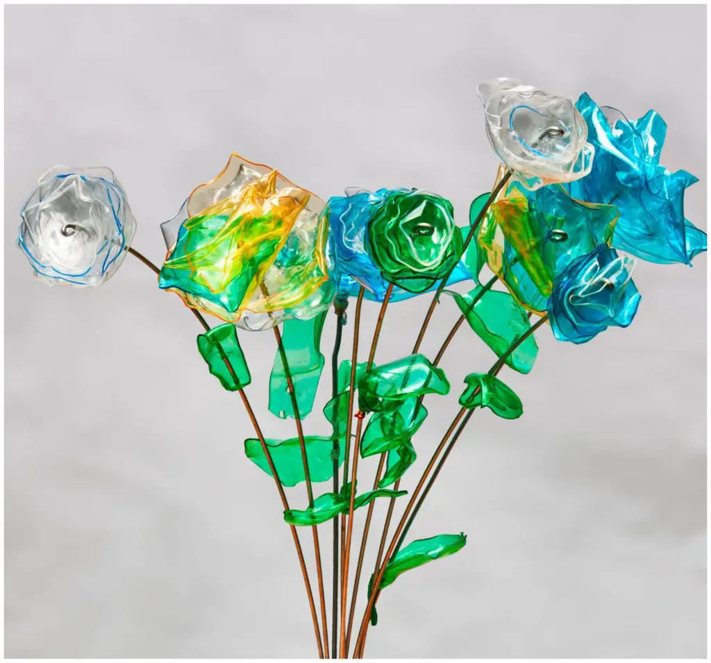 Eco-friendly beauty! This stunning bouquet of roses is made entirely from recycled plastic bottles