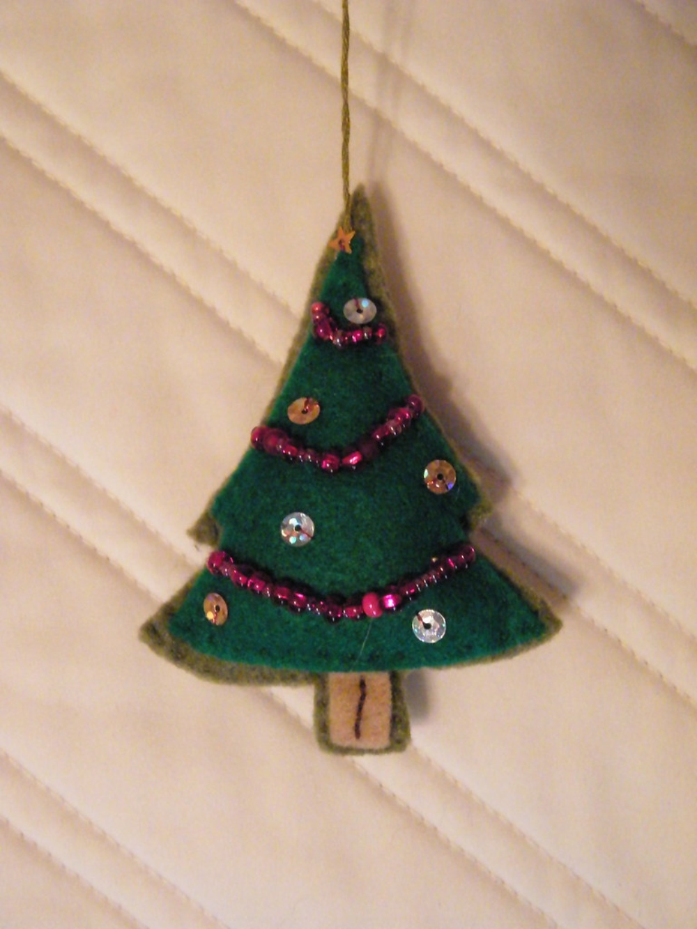 An image of a felt Christmas tree ornament.