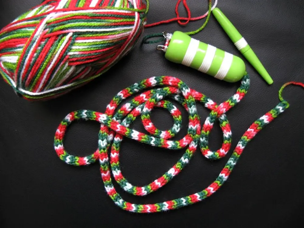 A yarn with holiday colors for Christmas crafts. 