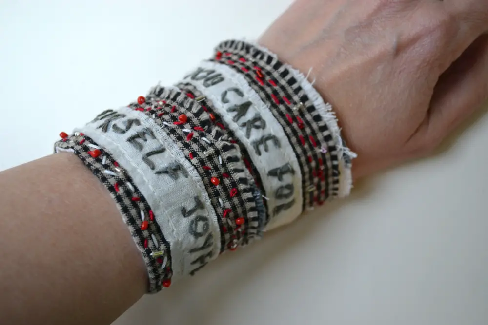 An image of a bracelet made from recycled fabric.