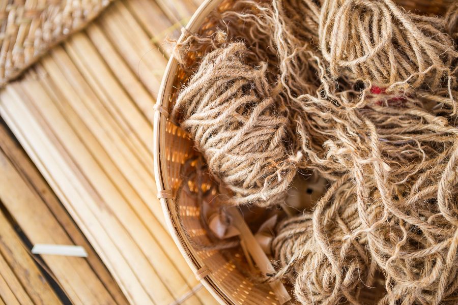 An image of jute rope inside a basket. 