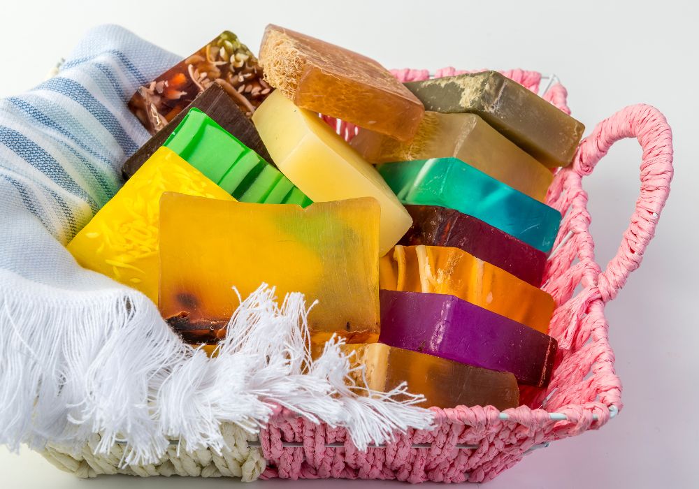 An image of handmade soaps inside a basket. 