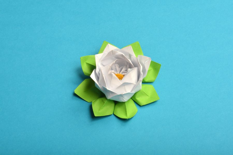 An image of a white origami lily. 