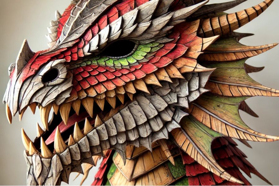 An image of a cardboard dragon head costume.