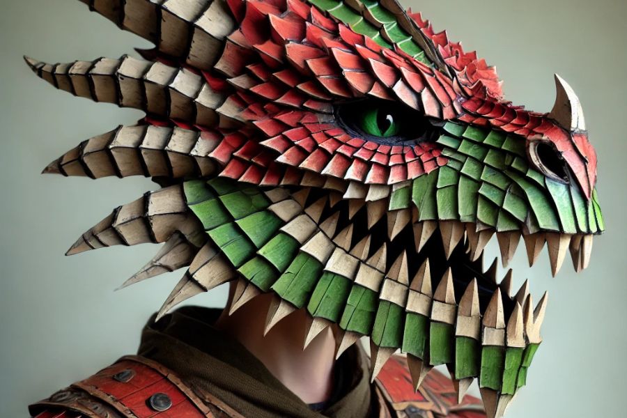 An image of a red cardboard dragon head costume. 