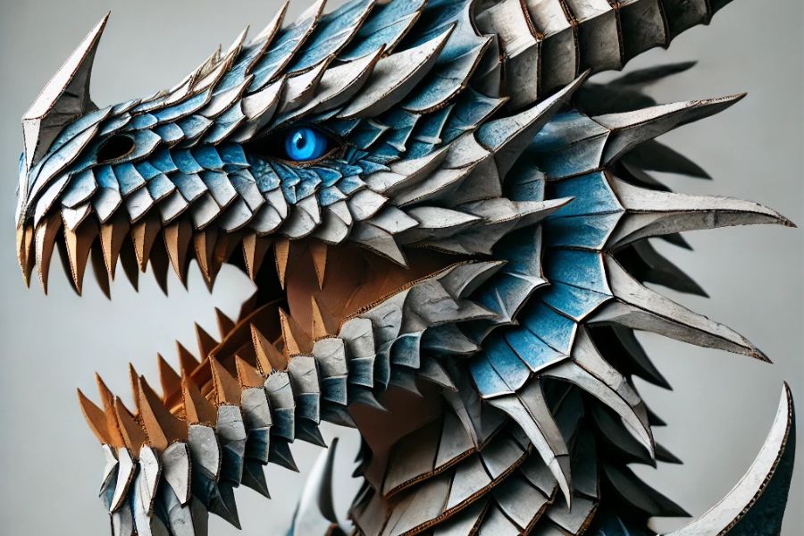 An image of a blue dragon head cardboard costume.