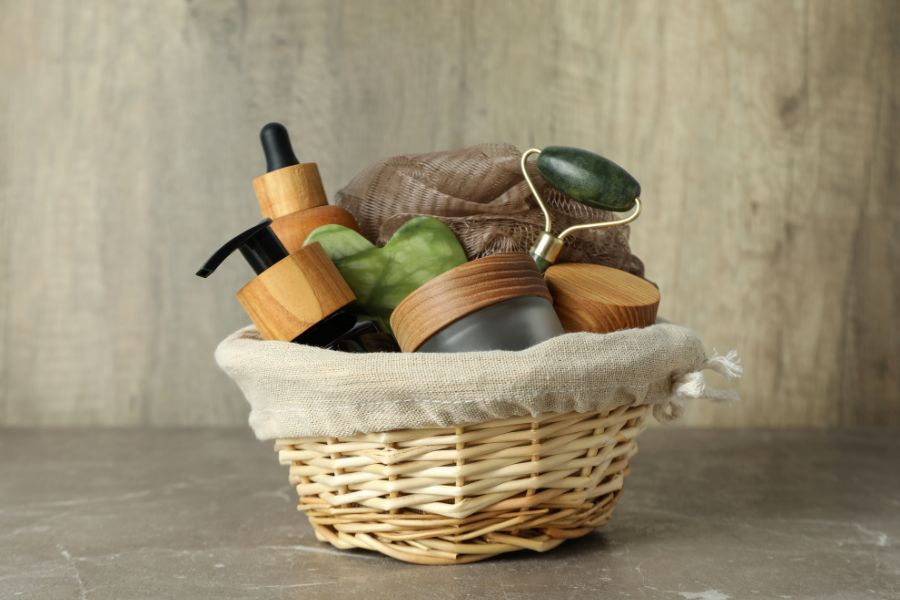 An image of a gift basket full of various objects.